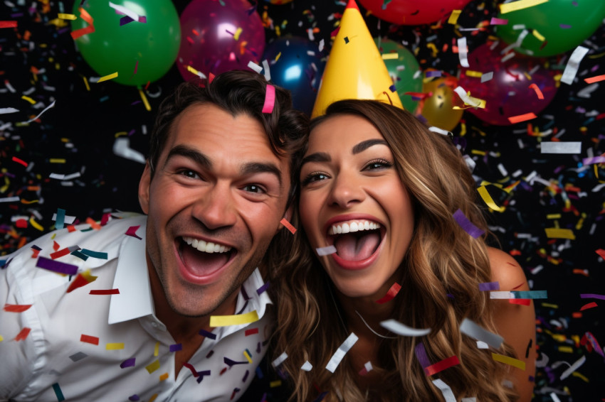 A picture of a happy couple celebrating New Years with balloons