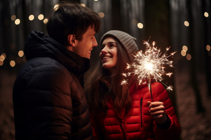 Two people are standing in a forest on New Years