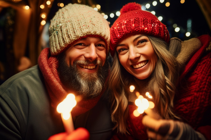 A happy couple wearing knitted hats and smiling at each other