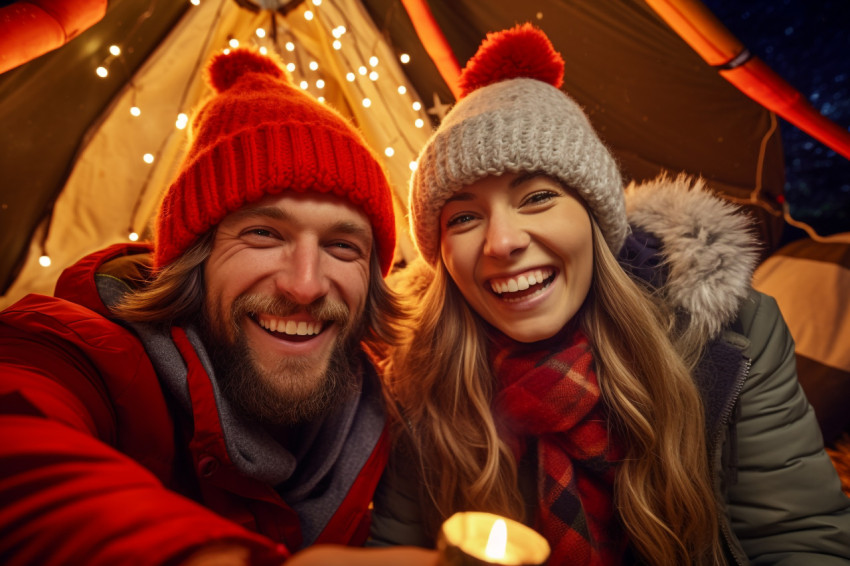 A happy couple wearing knitted hats and smiling at each other