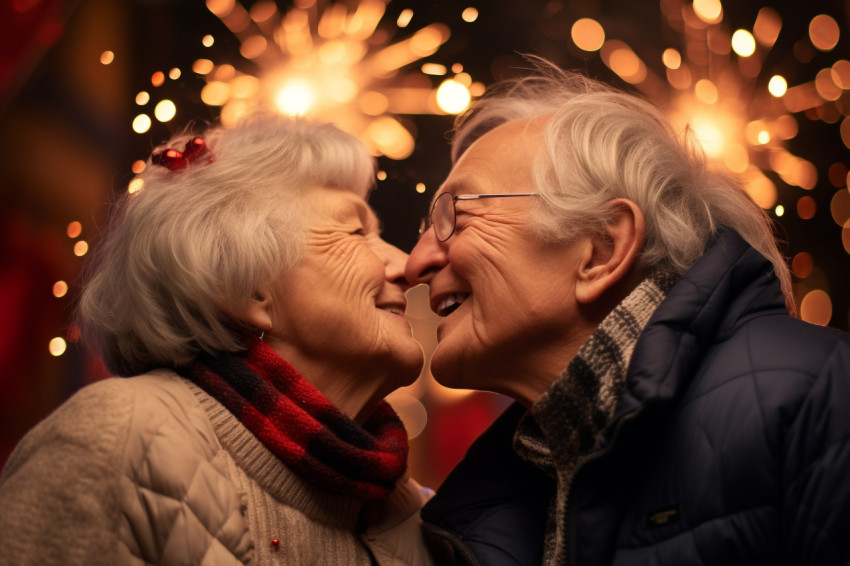 A photo of an elderly couple kissing affectionately while celebr