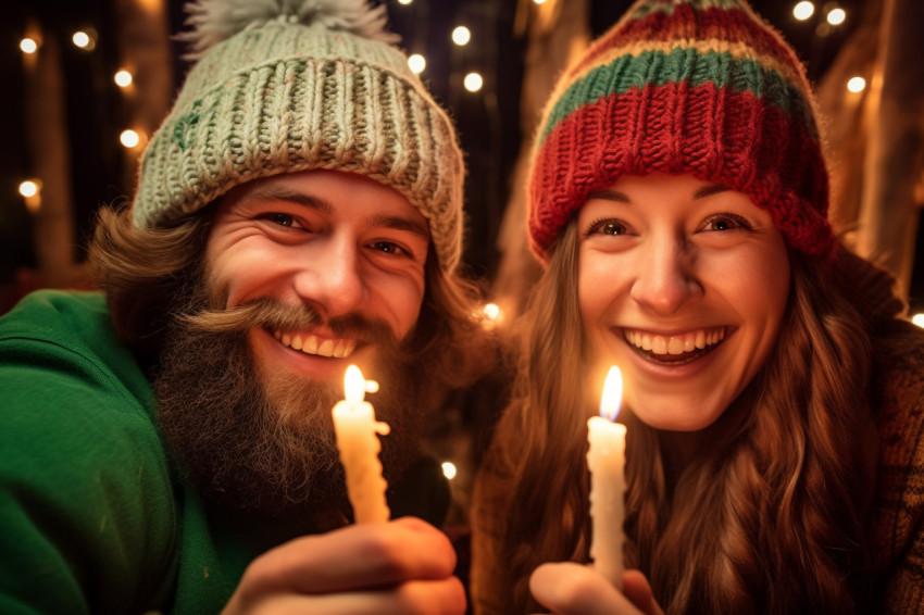 A happy couple wearing knitted hats and smiling at each other