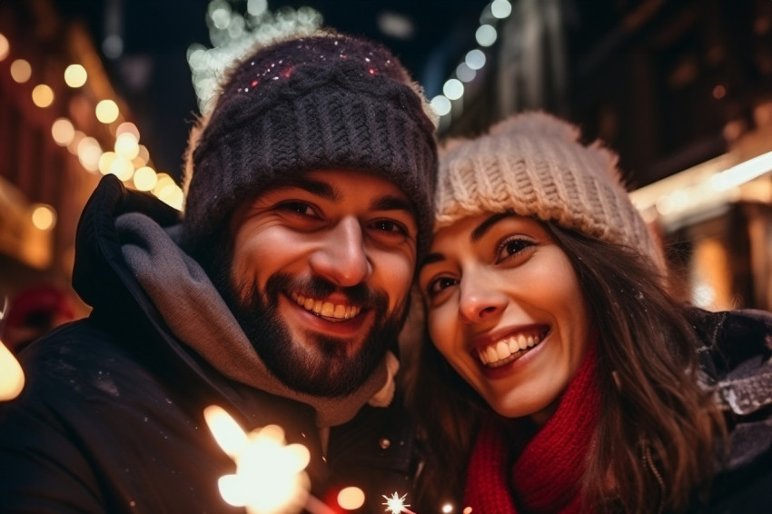 A cute couple is having fun in the city during Christmas