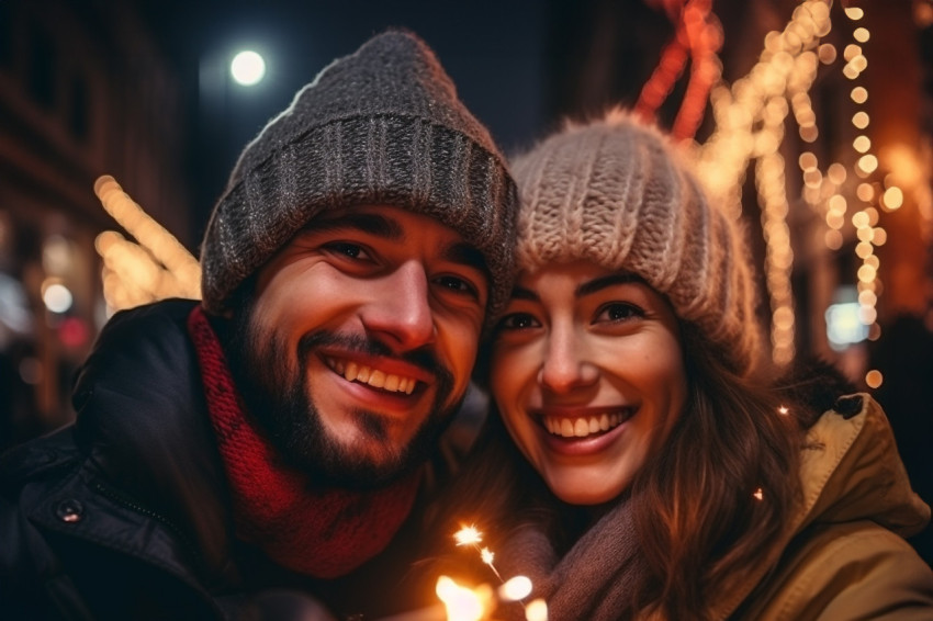 A cute couple is having fun in the city during Christmas