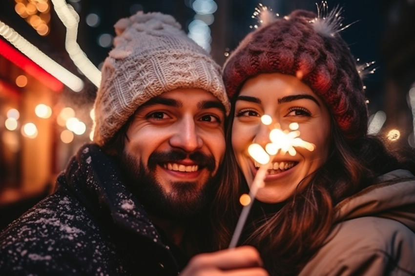 A cute couple is having fun in the city during Christmas