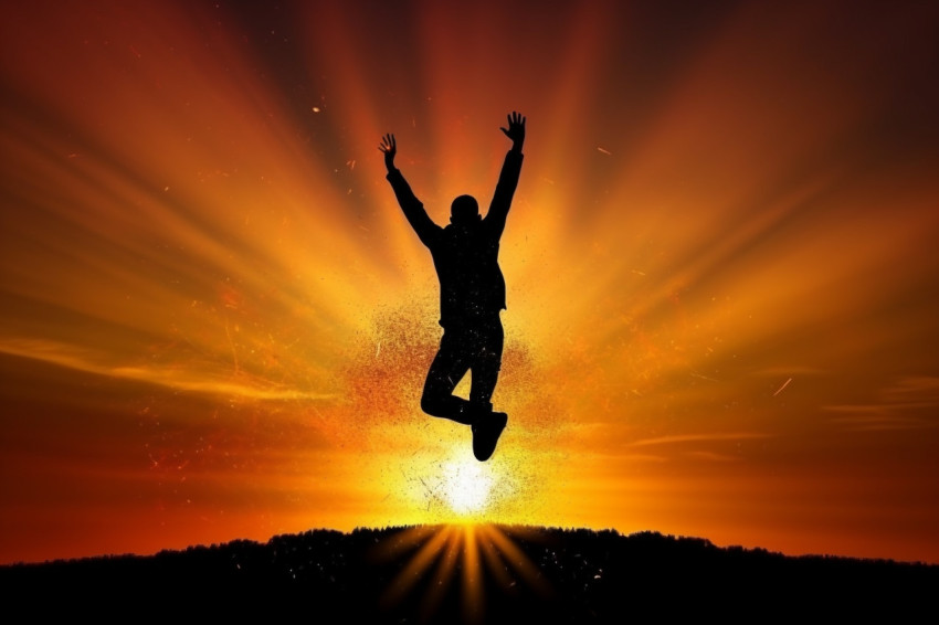 Silhouette photo of a man jumping between two years, with a suns