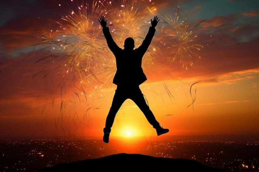 Silhouette photo of a man jumping between two years, with a suns