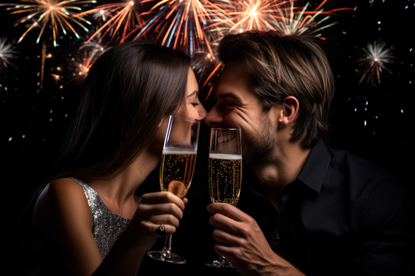 Two people holding glasses in front of a black background