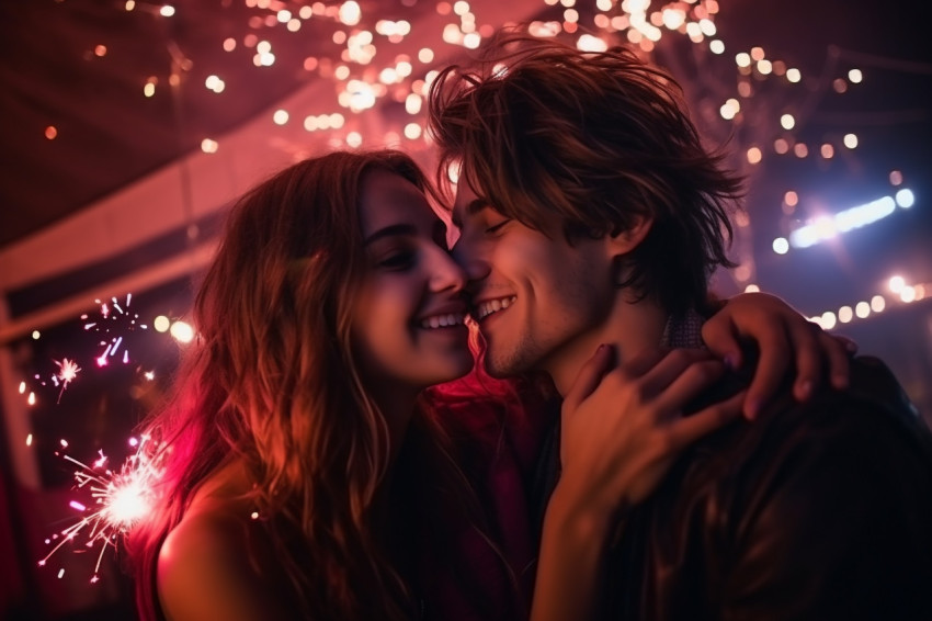 A picture of a young couple having fun at a New Years Eve party