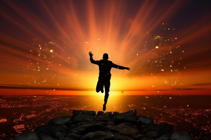 Silhouette photo of a man jumping between two years, with a suns