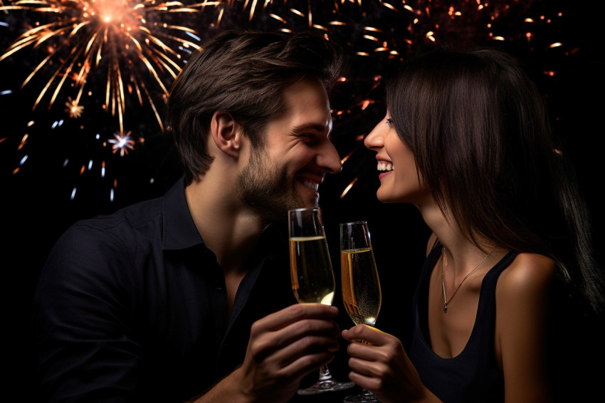 Two people holding glasses in front of a black background