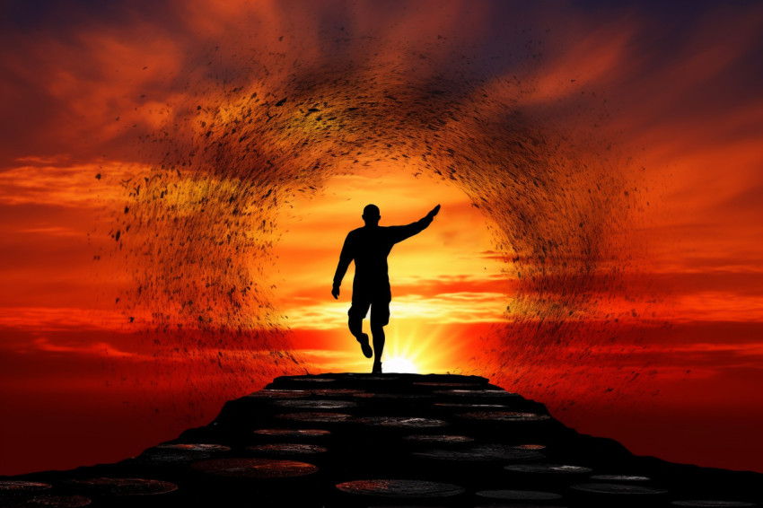 Silhouette photo of a man jumping between two years, with a suns