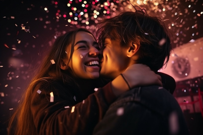 A picture of a young couple having fun at a New Years Eve party