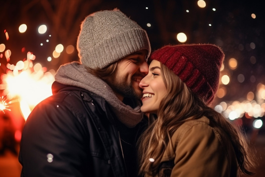 A young couple in love is enjoying themselves outside in the win