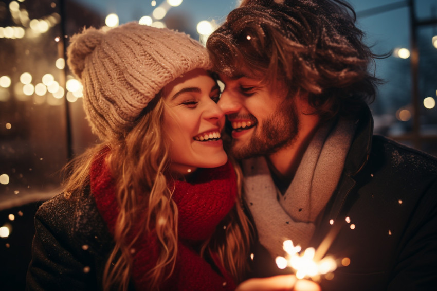 A young couple in love is enjoying themselves outside in the win