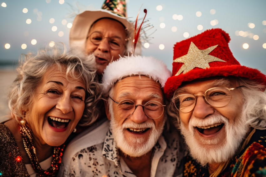 A close up photo of older people celebrating New Years Eve toget