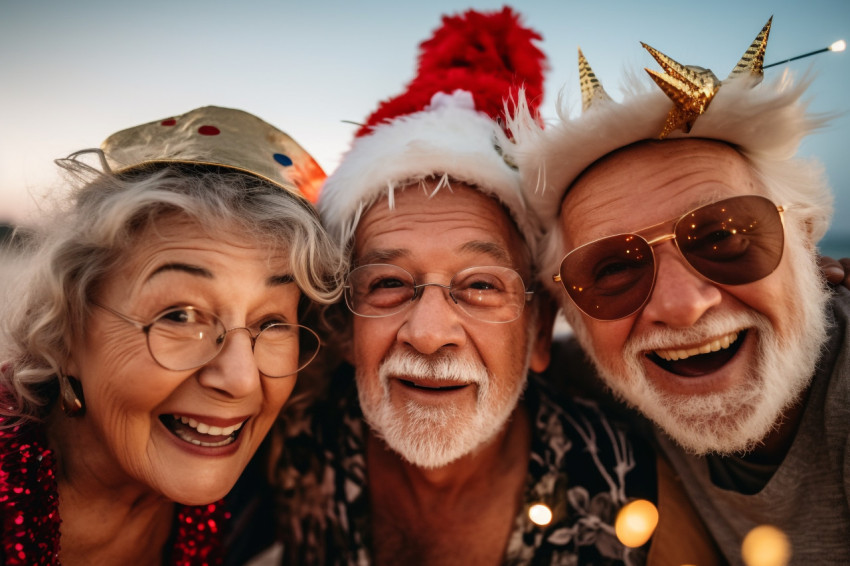 A close up photo of older people celebrating New Years Eve toget