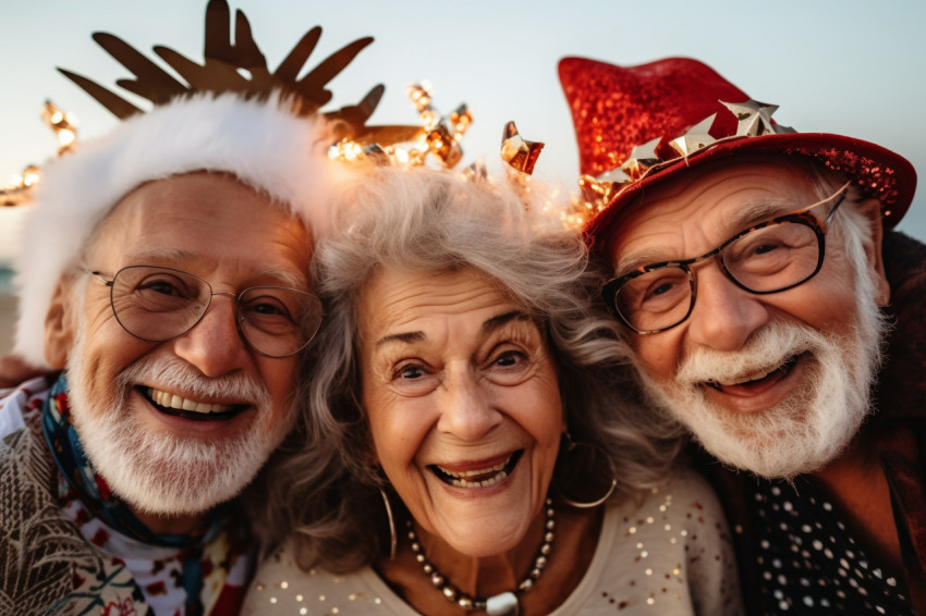 A close up photo of older people celebrating New Years Eve toget