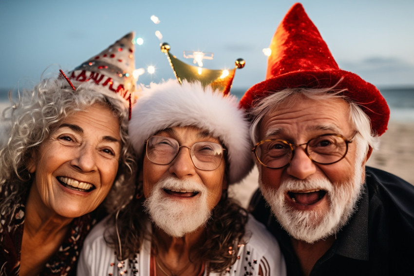 A close up photo of older people celebrating New Years Eve toget