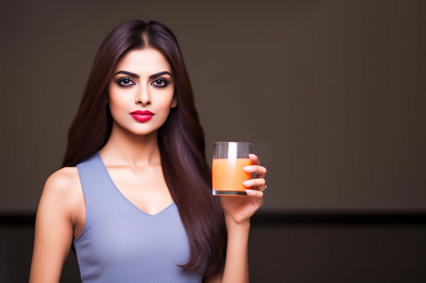 Photo of a beautiful healthy and slim Indian woman drinking oran