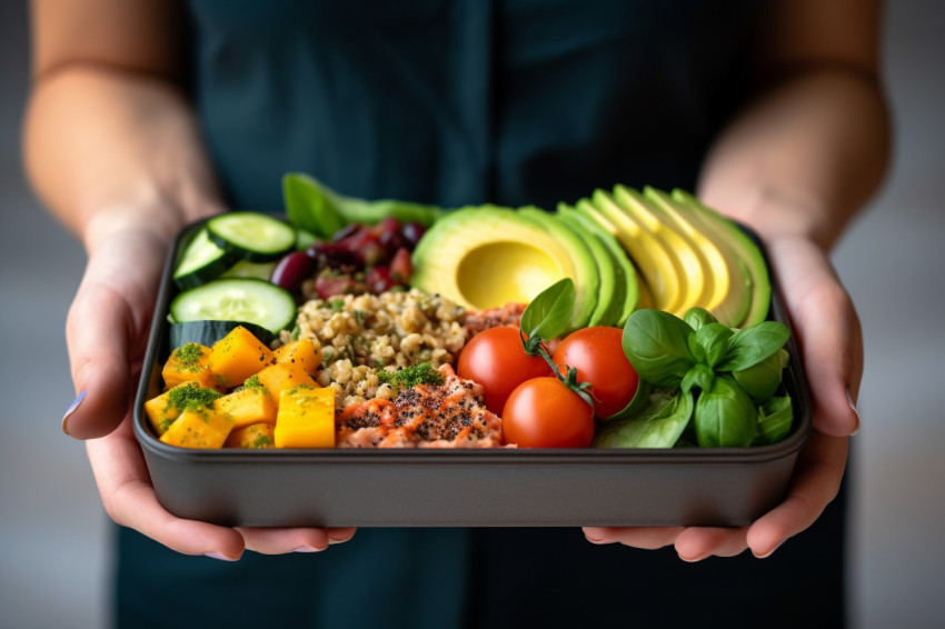 Picture of a womans hand holding a lunchbox with healthy food on