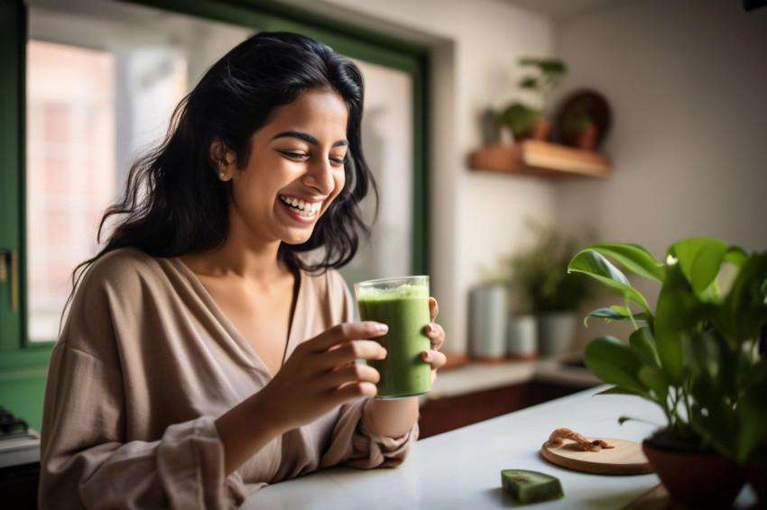 A picture of a happy young Indian woman on her smartphone while