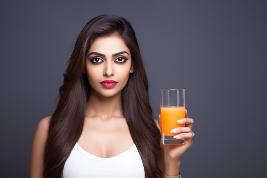 Photo of a beautiful healthy and slim Indian woman drinking oran