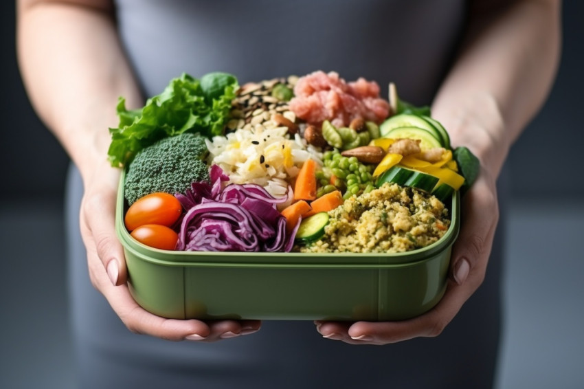 Picture of a womans hand holding a lunchbox with healthy food on