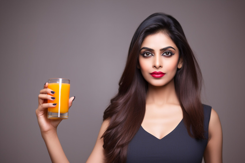 Photo of a beautiful healthy and slim Indian woman drinking oran