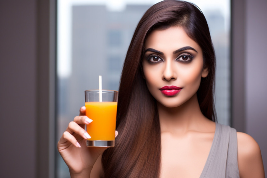 Photo of a beautiful healthy and slim Indian woman drinking oran