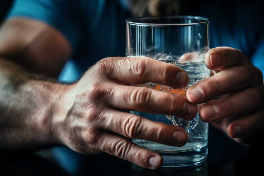 A close up photo of a strong mans hands pouring clear water into