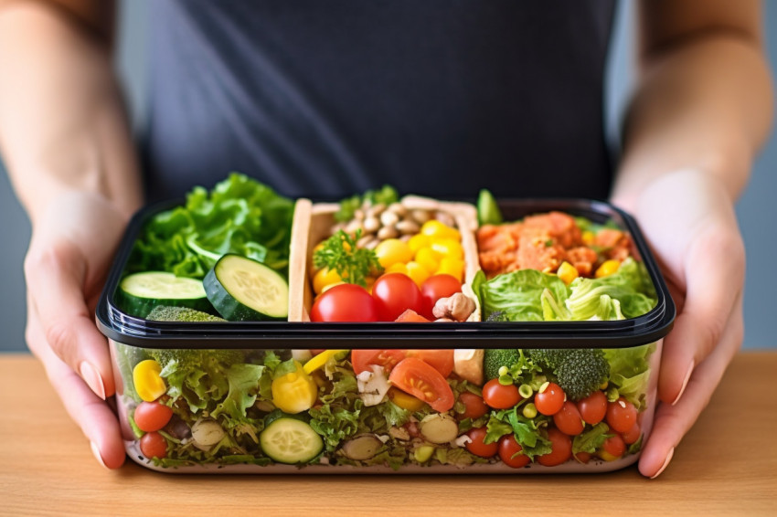 Picture of a womans hand holding a lunchbox with healthy food on