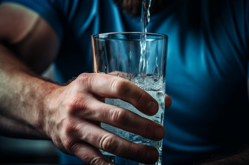 A close up photo of a strong mans hands pouring clear water into