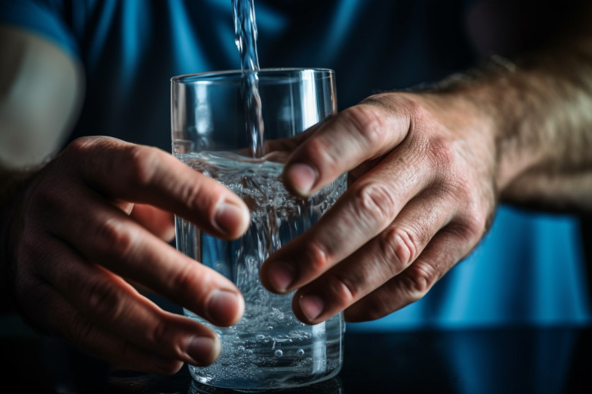 A close up photo of a strong mans hands pouring clear water into