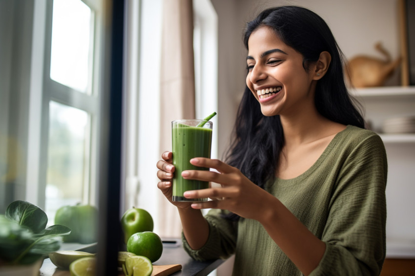 A picture of a happy young Indian woman on her smartphone while