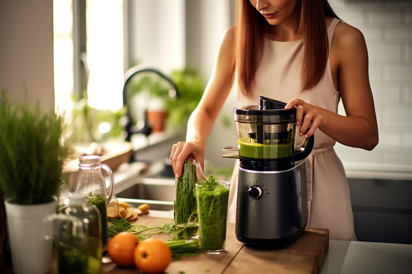 A picture of a woman using a juicer to make green juice in her k