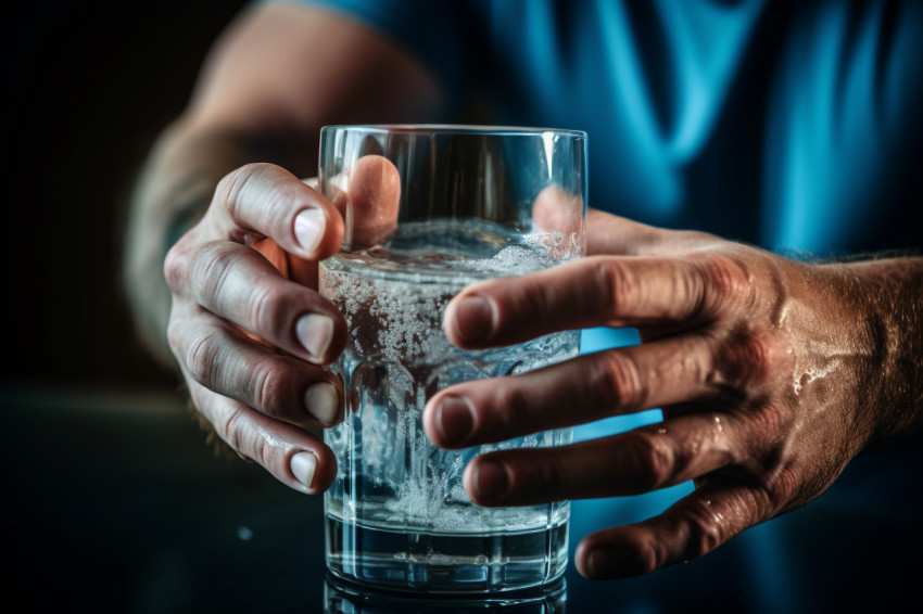 A close up photo of a strong mans hands pouring clear water into