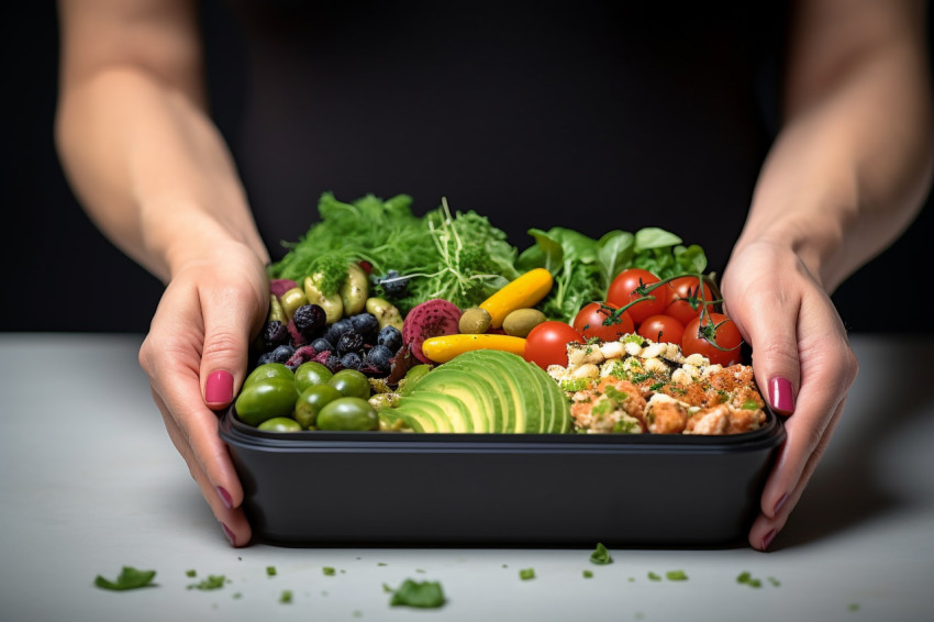 Picture of a womans hand holding a lunchbox with healthy food on