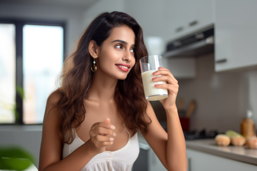 A photo of a beautiful young Indian woman drinking milk at home