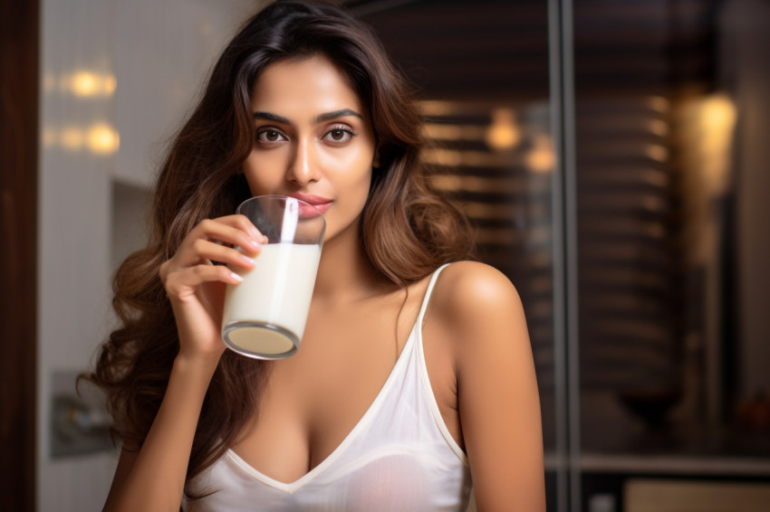 A photo of a beautiful young Indian woman drinking milk at home