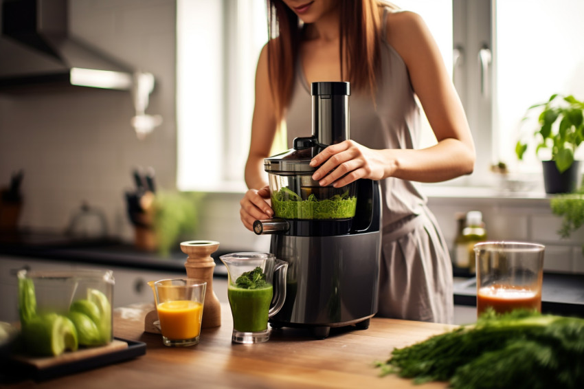 A picture of a woman using a juicer to make green juice in her k