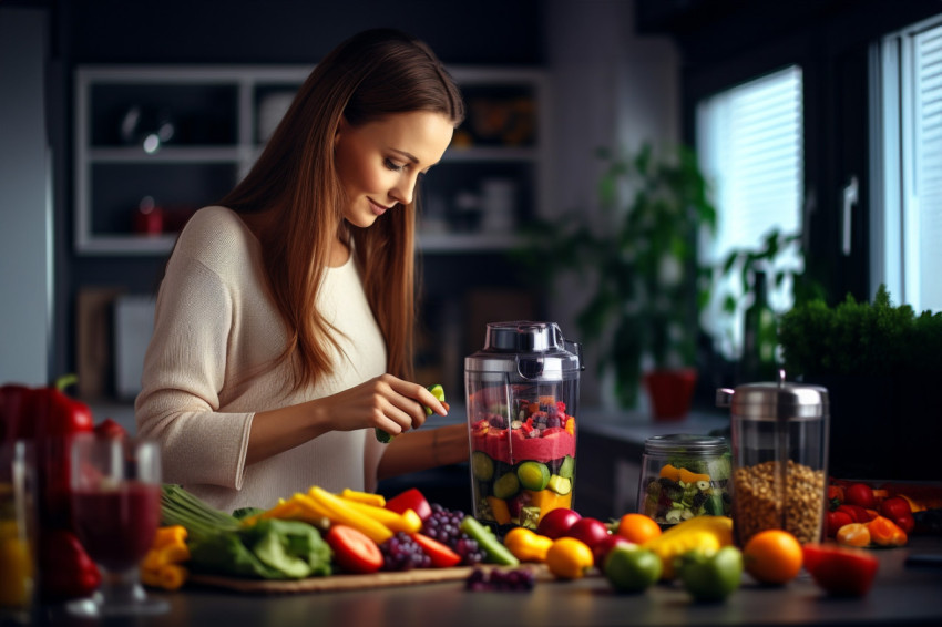 Picture of a pretty lady making fruit drinks with a blender