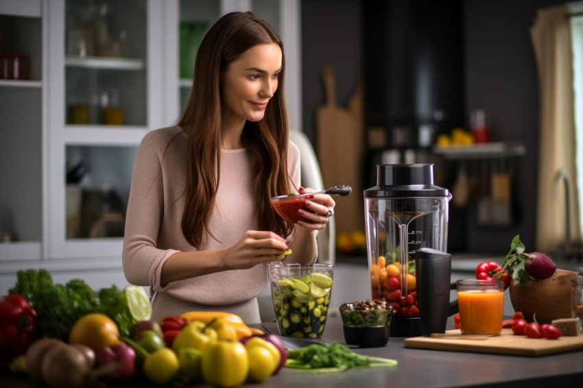 Picture of a pretty lady making fruit drinks with a blender