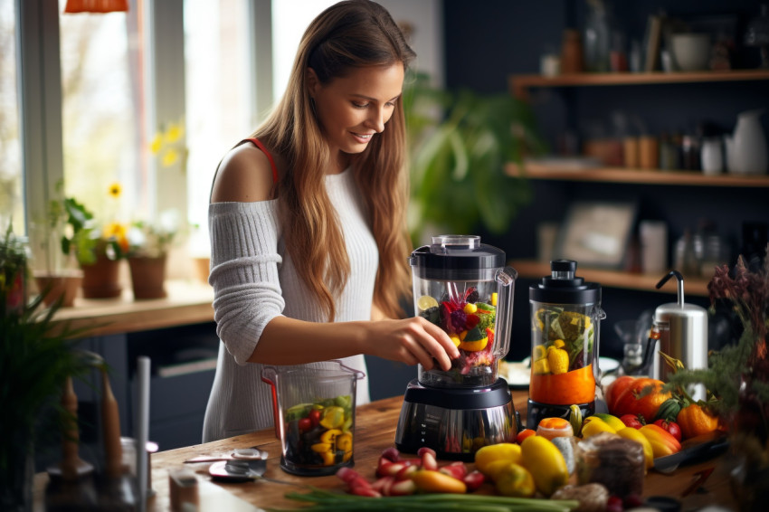 Picture of a pretty lady making fruit drinks with a blender