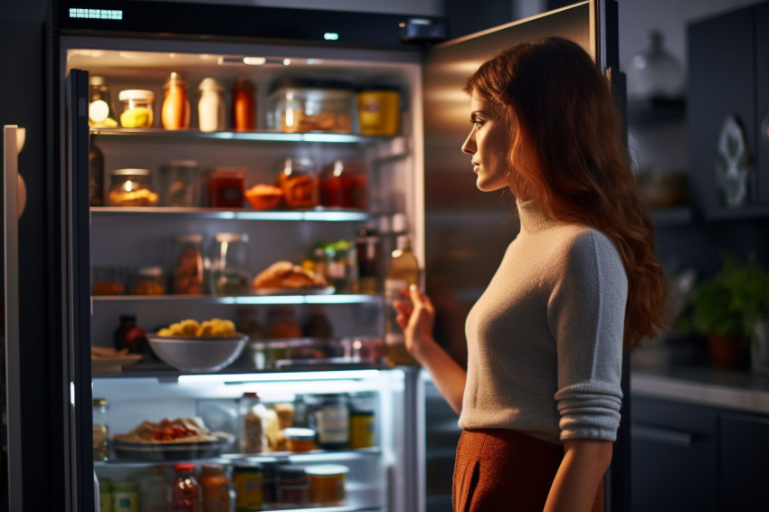 A picture of a young lady standing next to an open fridge in a k