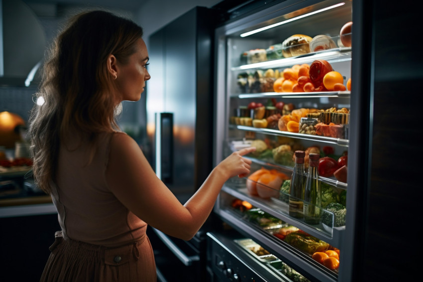 A picture of a young lady standing next to an open fridge in a k