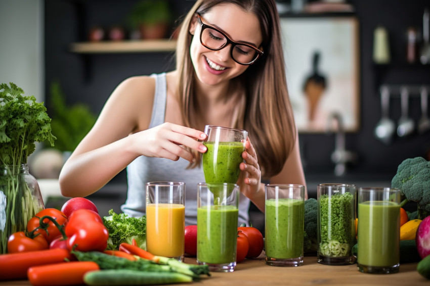 A picture of a joyful young woman with glasses pouring fresh veg