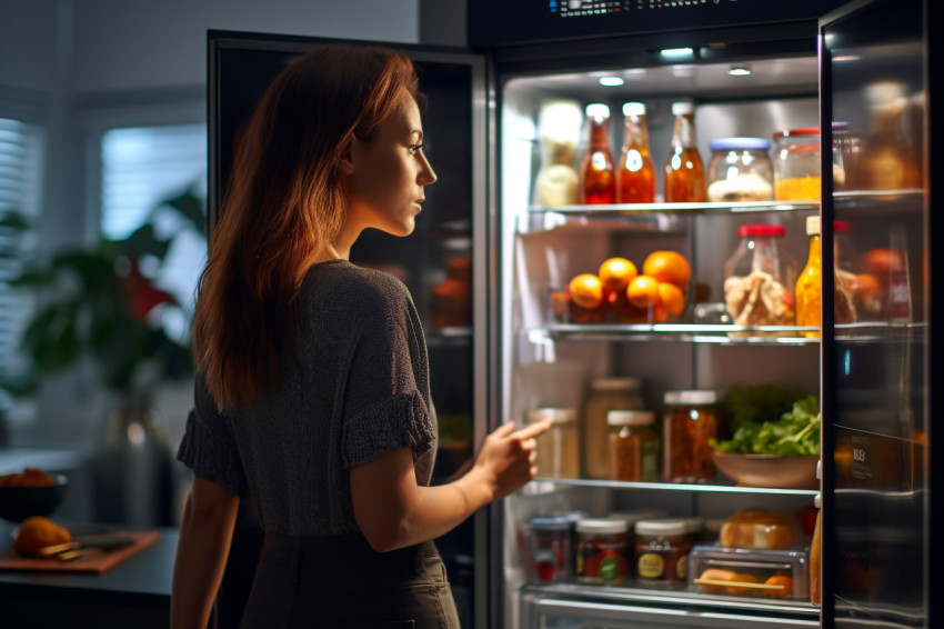 A picture of a young lady standing next to an open fridge in a k