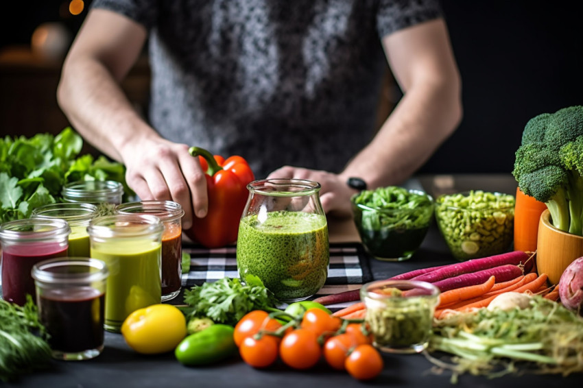 A picture of a joyful young woman with glasses pouring fresh veg