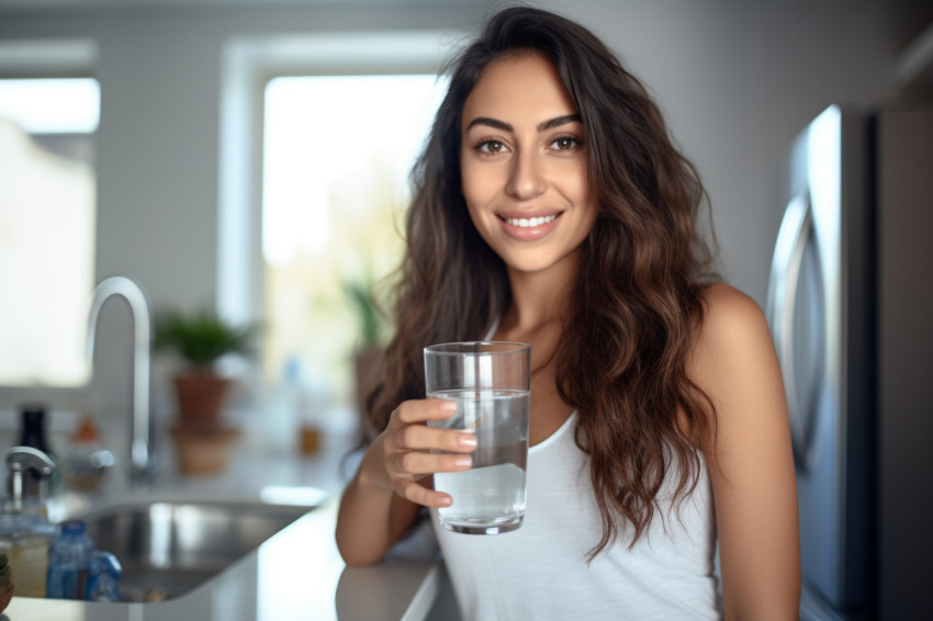 A photo of a young beautiful Latina woman holding a glass of cle